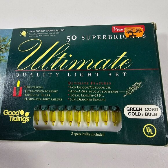 Good Tidings 50ct Yellow / Gold String Lights NEW Green Wire 23ft Christmas - Picture 2 of 4